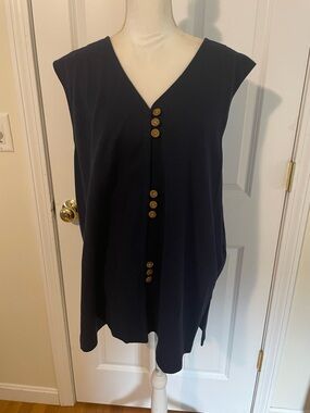 Sleeveless V-Neck Navy Tunic with Gold Button Detail